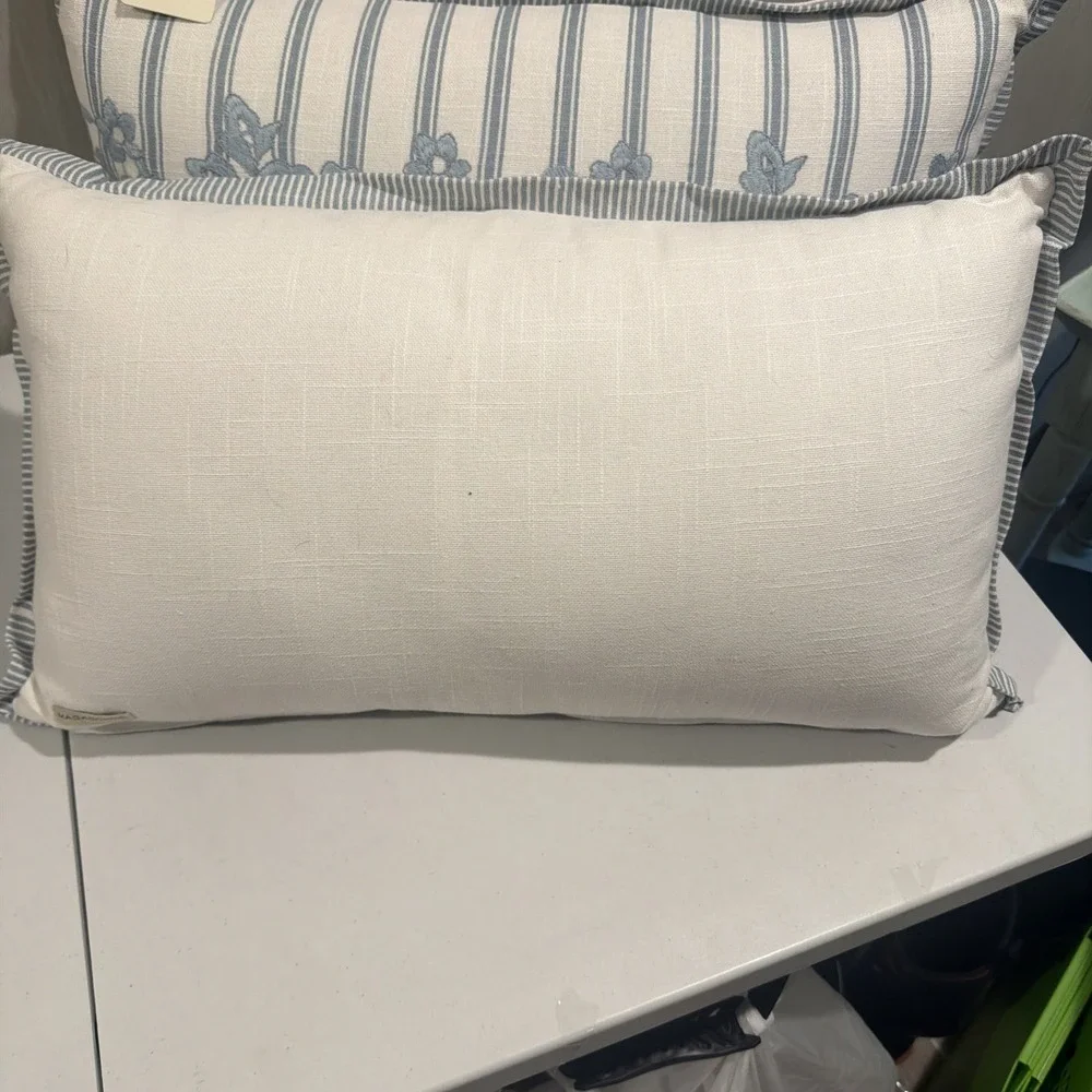 Set Of 2 Magaschoni Throw Sofa Bed Blue White Embroidered Pillows 24